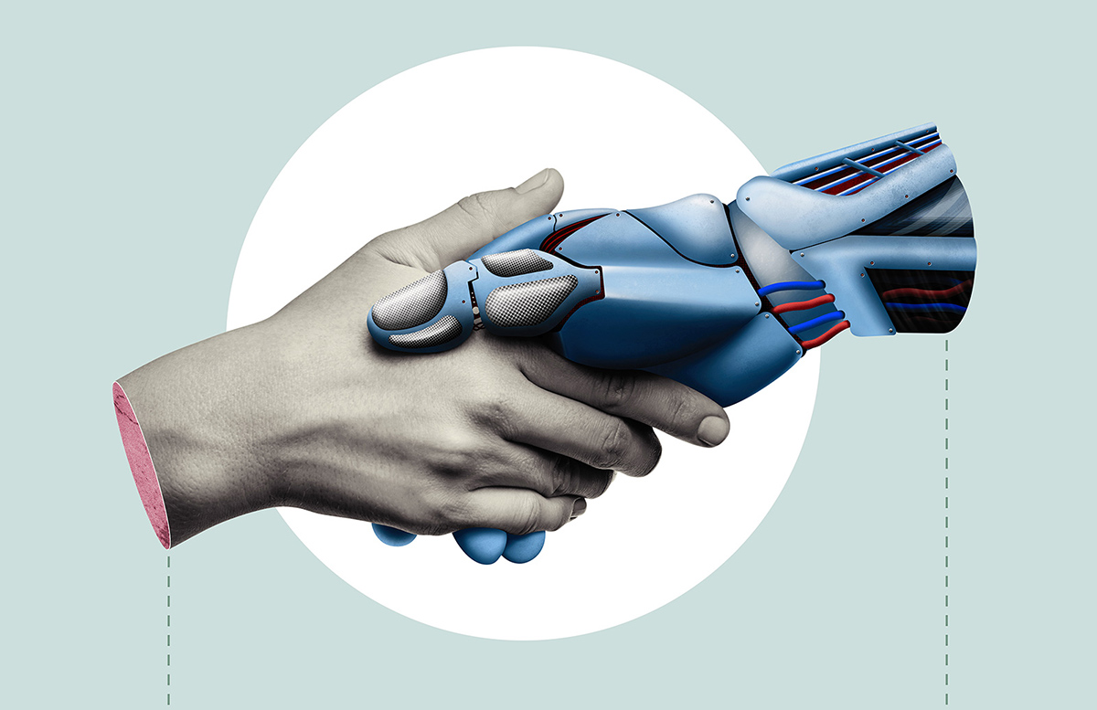 Illustration einer Roboterhand und einer menschlichen Hand als Symbiose zum Thema KI