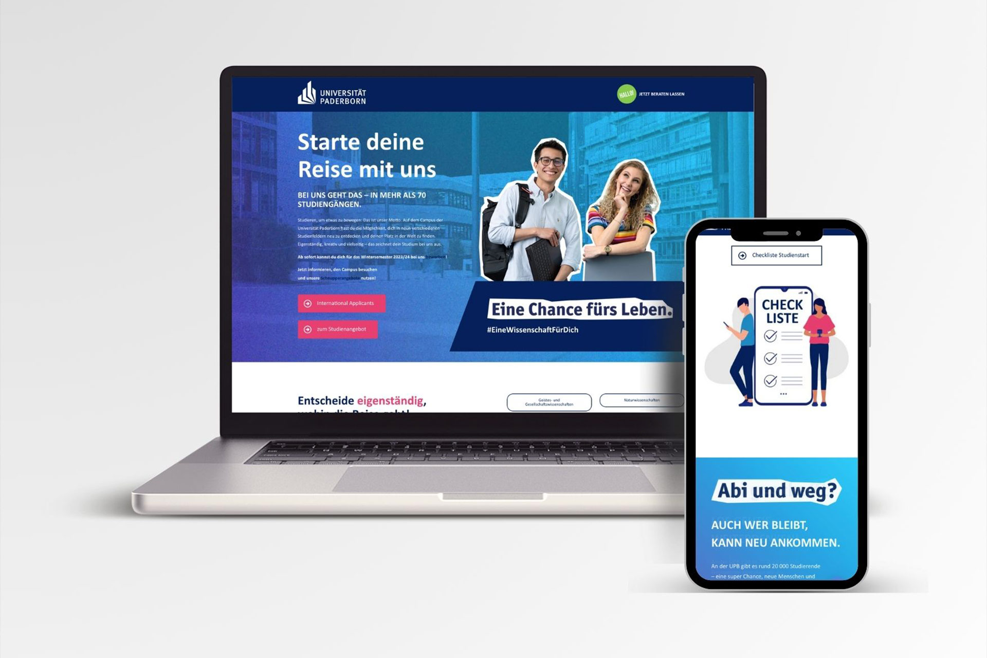Laptop und Smartphone Website-Screenshots der Recruitingkampagne für die Universität Paderborn