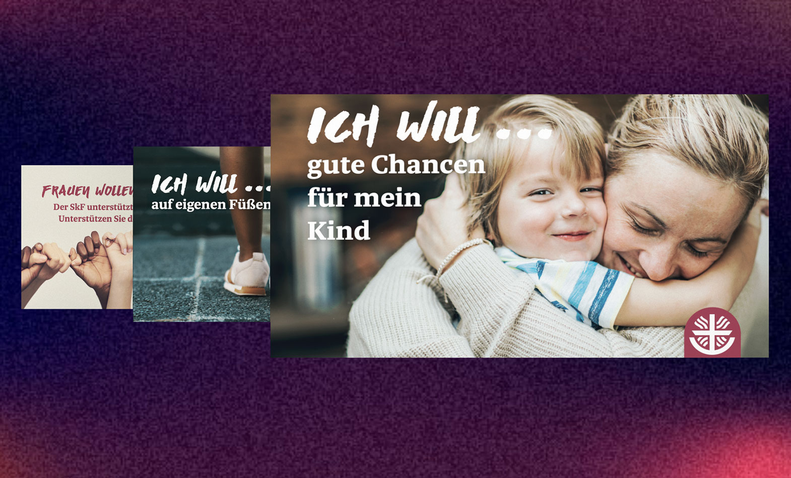 Drei übereinanderliegende Postkarten für die Kampagne #FrauenWollenMehr des Sozialdienstes katholischer Frauen